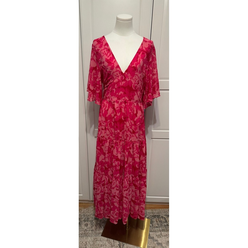 Retro & Icone Paris Pink Floral V-Neck Open Back Tiered Maxi Dress Size L NWT